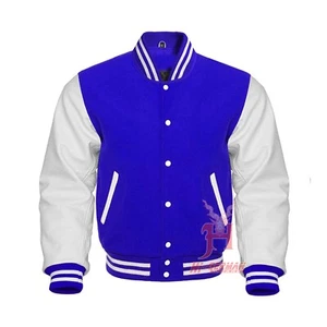 Varsity Letterman Baseball Royal Blue Wool Genuine White Leather Sleeves Jackets - Picture 1 of 6