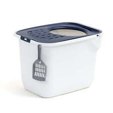 Top Entry Cat Litter Box with Litter Catching Grated Lid &Scoop, White/Navy Blue