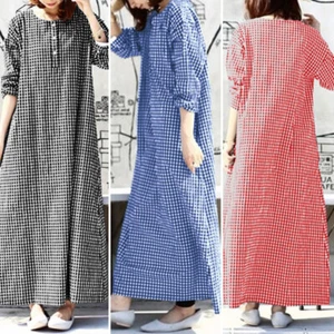 Women Long Sleeve Check Casual Loose Kaftan Abaya Gown Long Maxi Dress Plus Size - Picture 1 of 14