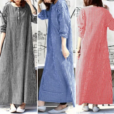 Women Long Sleeve Check Casual Loose Kaftan Abaya Gown Long Maxi Dress Plus Size - Image 1 of 4