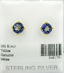 GENUINE 1.80 Cts IOLITE STUD EARRINGS .925 SILVER (YELLOW TONE) - New With Tag - Picture 1 of 6
