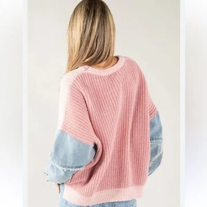 Shop Neighbor Pink and Blue Women's Sweater DENIM SLEEVE CHUNKY KNIT Size M - Picture 1 of 15