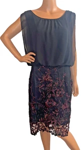 CALVIN KLEIN BLACK/AUBERGINE CHIFFON BLOUSON EMBROIDERED DRESS SIZE 16 FORMAL - Picture 1 of 11
