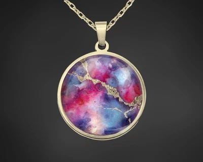 Halskette Kette Mit Anhänger Gold Marmor Pink Blau Geschenkidee Frau Damen - Bild 1 von 4