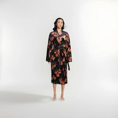 World Market black floral Robe Long Sleeve Floral Tie OS One Size - Image 1 of 4