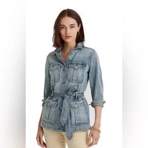 Lauren Ralph Lauren Belted Light Blue Denim Field Utility Jean Jacket Sz 2P NWT - Picture 1 of 14