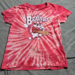 Buc-Ees Beavers Youth Tie-Dye T-Shirt Red & White Graphic Baseball Theme YM - Picture 1 of 7