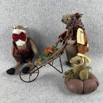 Rustic Fall Felt Mice & Fox Décor Set Wheelbarrow Pumpkin Autumn Farmhouse Lot - Image 1 of 4