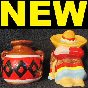 Ceramic Salt And Pepper Shakers, Man In A Mexican Sombrero and Water/Whiskey Jug - Picture 1 of 4
