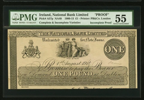 Ireland National Bank Limited Pound 1.8.1914 Pick A57p PMG 55 AU Ballygar Branch Cover