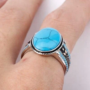 Natural Turquoise Ring Mens Blue Solid Silver 925 Cheap Blue Stone - Picture 1 of 8