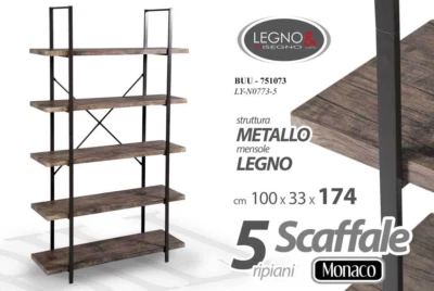 SCAFFALE METALLO LIBRERIA 5 MENSOLE RIPIANI LEGNO ENTRATINA INGRESSO 174*100*33 - Immagine 1 di 4
