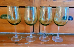 Set of 4 Pier 1 Hand Blown Pantiago Olive Bowl, Clear Stem Wine Glasses 9 1/4" - Picture 1 of 4