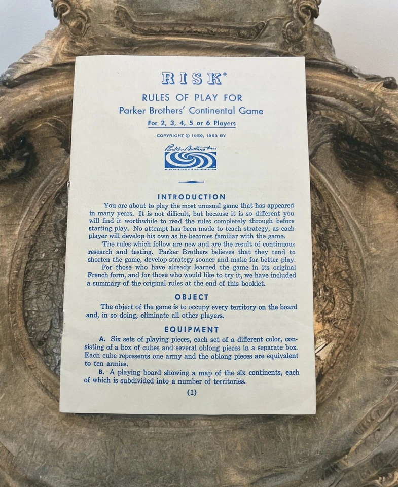 RISK Board Game Instructions Manual Rules  Replacement Part Vintage 1959 1963 - Image 1 of 3