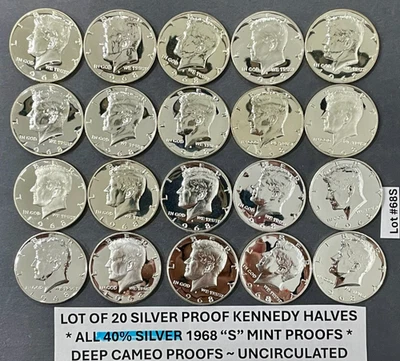 Lote de medio dólar de plata Kennedy 1968-S rollo de 20 camafeo profundo 40% pruebas de plata Foto 1 de 4