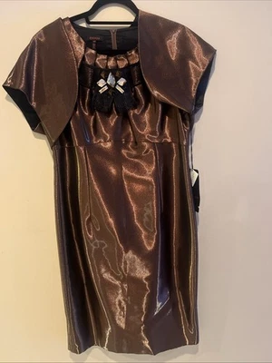 Escada Brown Boat Neck Metallic Removable Crystals Sheath Dress Shrug Set Sz 42 - Image 1 of 4
