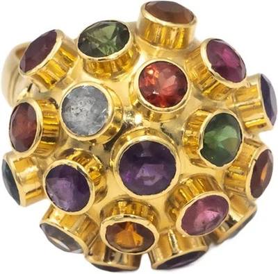 多种彩虹宝石 18k 黄金边框套装人造卫星圆顶戒指 尺寸 6.5 — 第 1/4 张图片