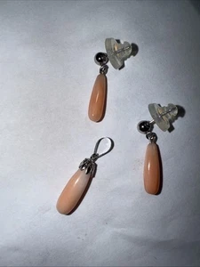 Earrings And Pendant Set Hanging Natural Angel Skin Coral 14k White Gold - Bild 1 von 22