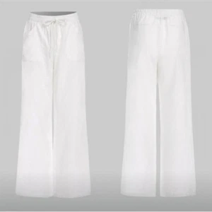 Women High Waist Drawstring Wide Leg Linen Blend Pants Casual Long Trousers - Picture 1 of 16