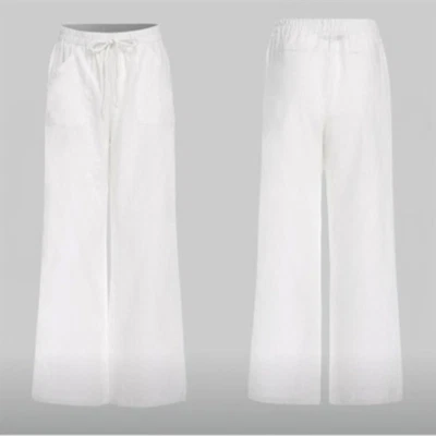 Women High Waist Drawstring Wide Leg Linen Blend Pants Casual Long Trousers - Image 1 of 4
