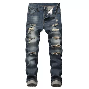 Pantalones de mezclilla elásticos desgastados al tobillo de tiro medio al tobillo rasgados para hombre - Imagen 1 de 13