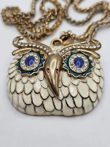Vintage KJL Kenneth Lane White Enamel Crystal Owl Head Pendant Long Necklace - Picture 1 of 16