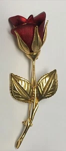 Vintage Gold Tone Red Rose and Leaf Pin Brooch by Covani Very Stunning! - Picture 1 of 9