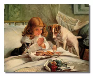 Mädchen Gebetbett Hund Katze religiös Wandbild Kunstdruck - Bild 1 von 1