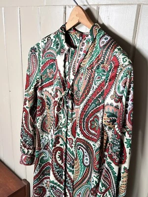 Paisley 连衣裙嬉皮复古 70 年代长袖 Roberta Lee 绿色栗色领带 — 第 1/4 张图片