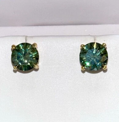 Серьги-гвоздики круглые зеленые муассанит сертифицированные VVS1 - серебро 925 пробы - Изображение 1 из 4