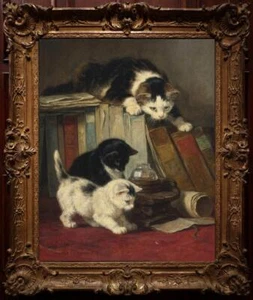 Antico dipinto olio fatto a mano vecchio maestro-arte animali gatti gattini su tela - Foto 1 di 2