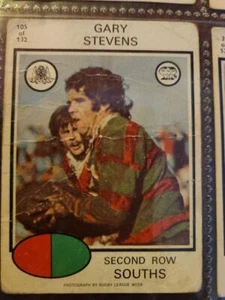 Vintage 1975 Scanlens Rugby League Card Gary Stevens Souths No 105 Creased - Picture 1 of 2