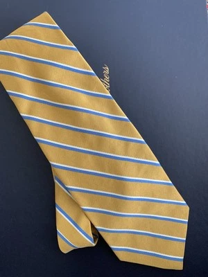 Corbata Brooks Brothers vintage para hombre nueva con etiquetas, dorada con rayas azules y beige, seda Foto 1 de 4