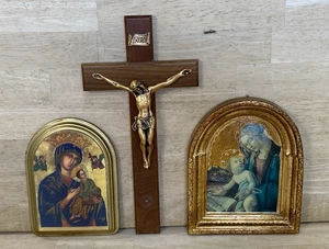 RELIGIOUS LOT Vintage Florentine Wood Wall JESUS Madonna & Child Gold Gilt Italy - Picture 1 of 14