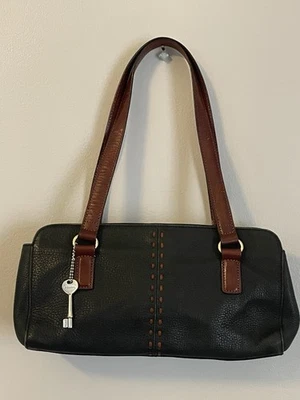 Vintage Fossil Pebbled Leather Shoulder Bag Purse Black Brown 2-Tone Keychain - Image 1 of 4