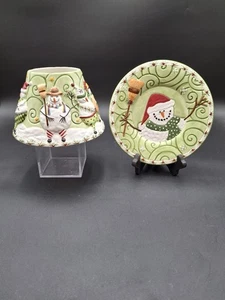 Yankee Candle Ceramic Shade Topper Matching Plate Snowmen Holidays Winter Snow - Picture 1 of 10