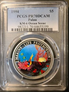1994 Palau Ocean Scene KM-6 Marine Life Protection 5 $ Silber PP PCGS PR70DCAM - Bild 1 von 2