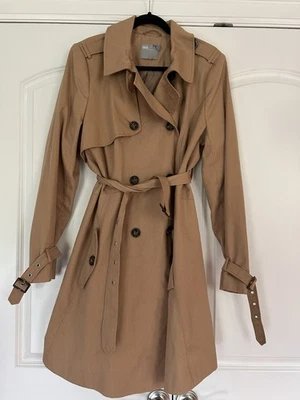 ASOS Design SZ 14 Camel Belted Lined Double Breasted Trench Coat City Rain Chic - Image 1 of 4