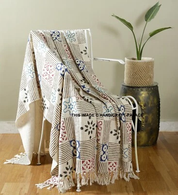 Indian Cotton Blanket Woven Throw Bed Sofa Hand Block Print Home Decor Bedding - Image 1 of 3