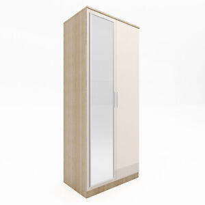 Cream High Gloss 2 Doors Mirror Wardrobe Bedroom Furniture Storage Hanging Rail