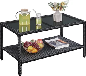 Outdoor Wicker Coffee Side Table, All-Weather Rattan Patio Storage Furniture wit - Picture 1 of 9