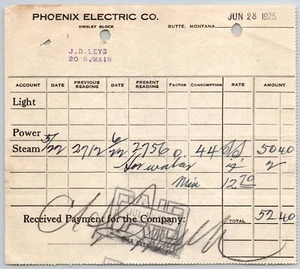 Butte, MT Phoenix Electric Co.- Leys Jewelry 1925 "Steam" Billhead $52.40 - Imagen 1 de 2