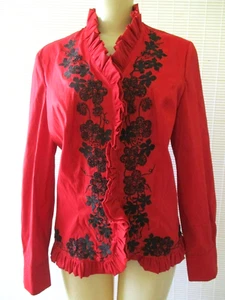JACKIE JON RED & BLACK EMBROIDERED LONG SLEEVE BLOUSE SIZE 12 - NEW - Picture 1 of 8