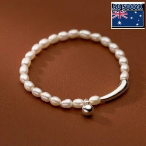 Woman Real s925 Sterling Silver Freshwater Pearls Beaded Bracelet Bangle Elastic - Picture 1 of 6