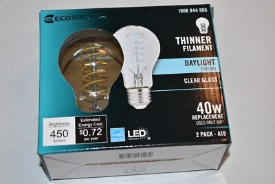 2 pk EcoSmart 40W 450 LED Clear DAYLIGHT 5000K A19 Dimmable Light Bulbs - Image 1 of 4