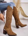 Cowboy Western Knee Boots Womens Zip High Heel Faux Suede Diamante Pointy  Shoes