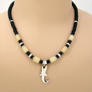 Silver Shark Necklace 18" 21" 24" Coconut Beads, Puka Sea Shell, Buri 7027-76 - Picture 1 of 6