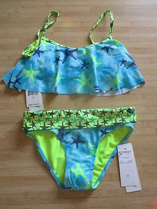 NEW* ROXY GIRLS 4 SWIMSUIT RUFFLE BIKINI 2 PC $46 Retail Blue Starfish - Picture 1 of 3