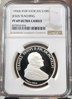 1996 VATICAN SILVER 10000 LIRE JESUS TEACHING NGC PF 69 ULTRA CAMEO RARE TOP POP - Image 1 of 3