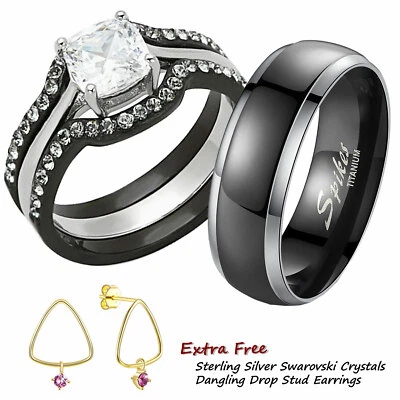 Juego de 4 anillos de boda de compromiso de acero inoxidable de titanio negro para ella Foto 1 de 4